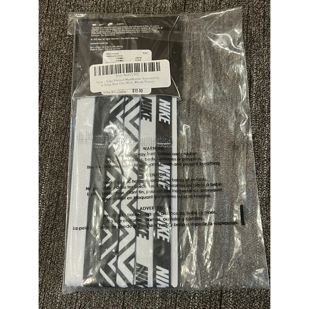 Nike Assorted Printed Headbands Black and White Set of 6‎ New in Pkg